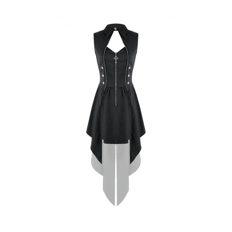 Punk-Kleid für Damen mit Cut-outs, Umlegekragen, Reißverschluss und asymmetrischem Saum