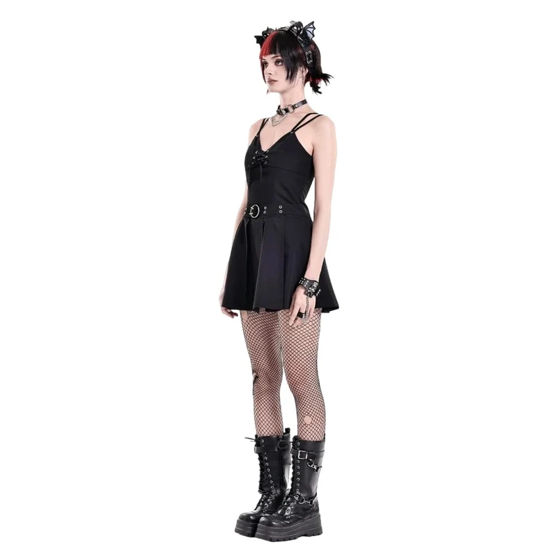 Gothic-Kleid für Damen mit Schnallenriemen und tiefem V-Ausschnitt