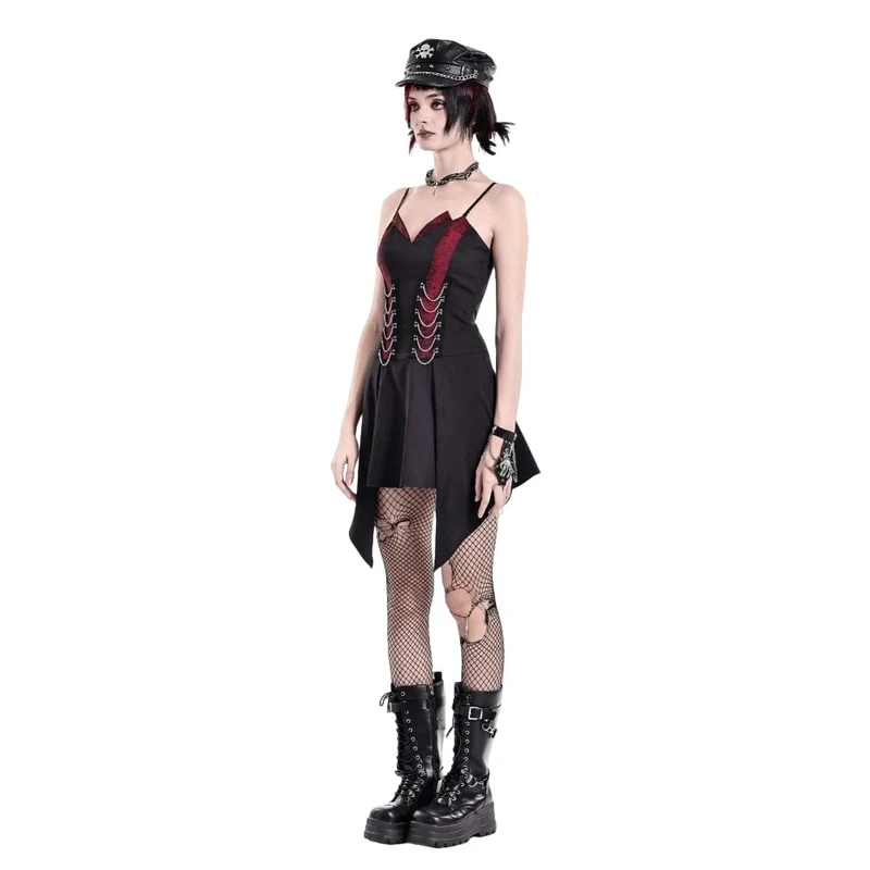 Punk-Kleid für Damen mit Ketten, kontrastfarbenem, unregelmäßigem Saum, Abschlusskleid