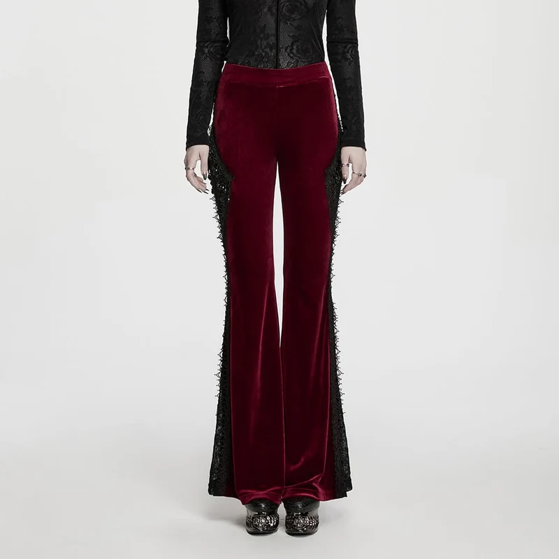 Rote Gothic-Schlaghose für Damen mit floraler Spitze, Perlen und Quasten