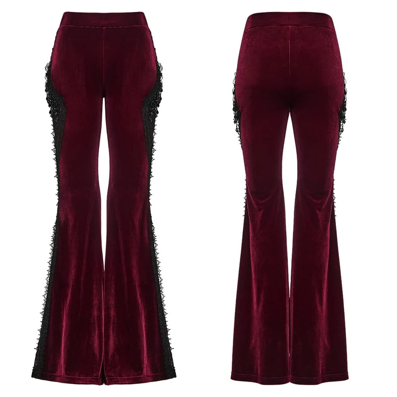 Rote Gothic-Schlaghose für Damen mit floraler Spitze, Perlen und Quasten