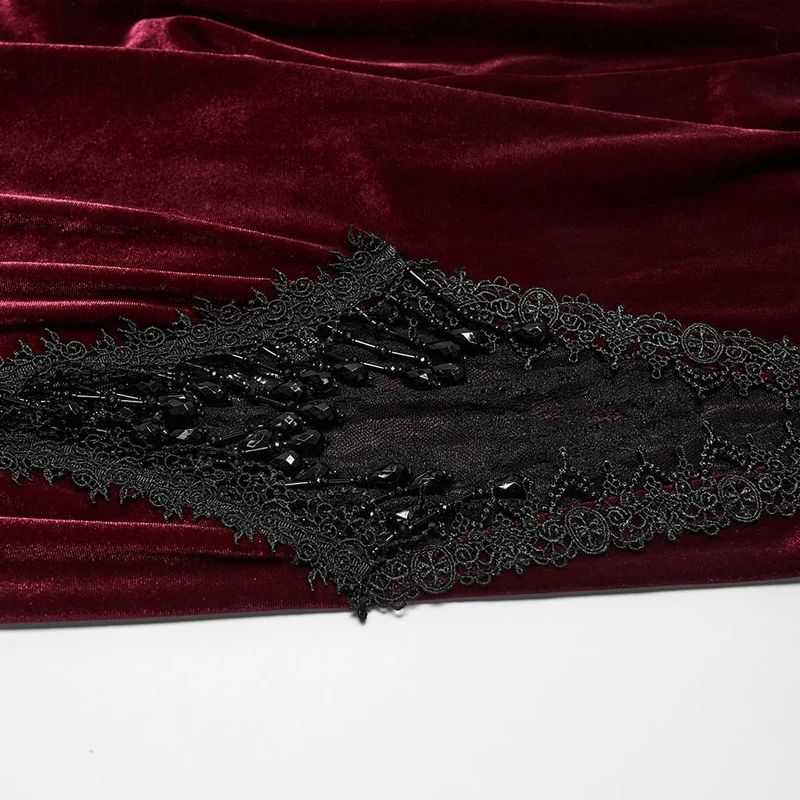 Rote Gothic-Schlaghose für Damen mit floraler Spitze, Perlen und Quasten