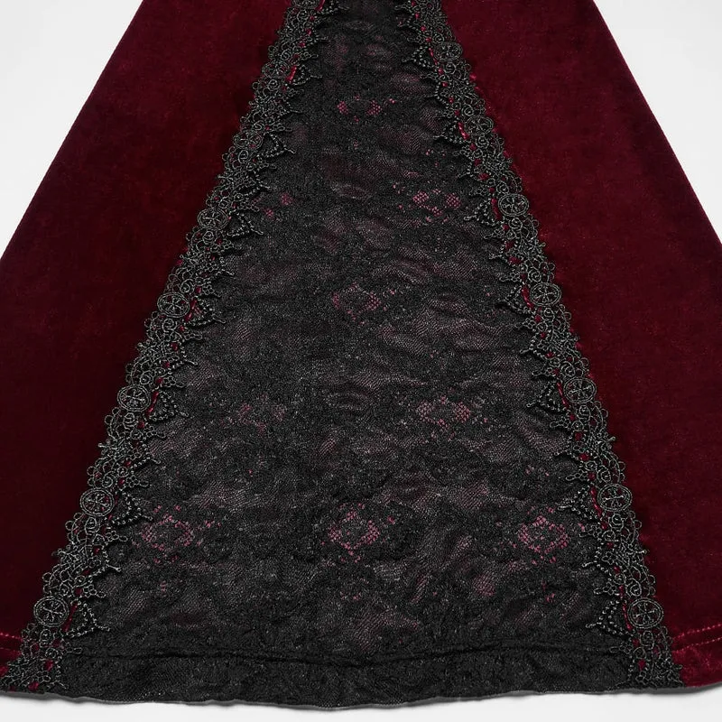 Rote Gothic-Schlaghose für Damen mit floraler Spitze, Perlen und Quasten