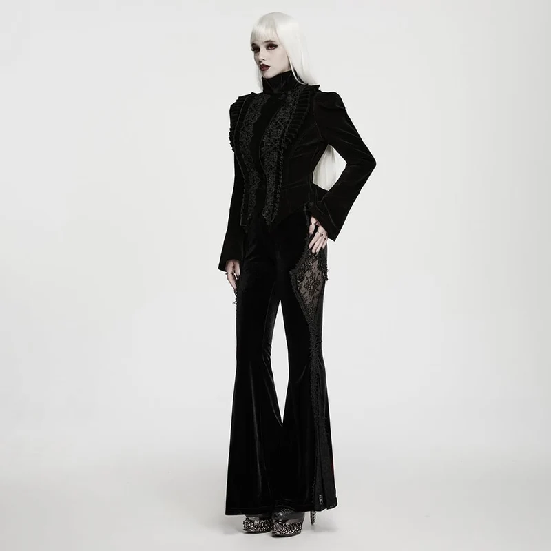 Schwarze, gotische Schlaghose für Damen mit floraler Spitze, Perlen und Quasten