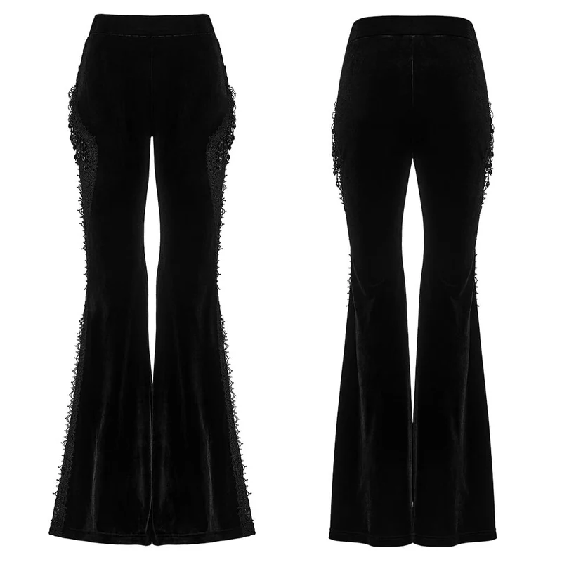 Schwarze, gotische Schlaghose für Damen mit floraler Spitze, Perlen und Quasten
