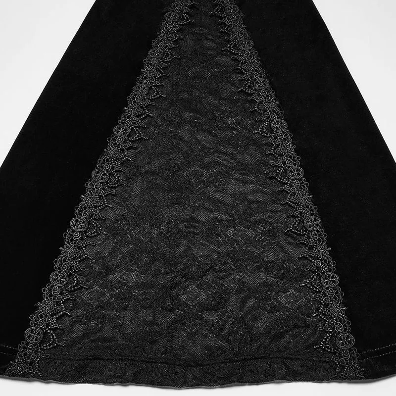 Schwarze, gotische Schlaghose für Damen mit floraler Spitze, Perlen und Quasten