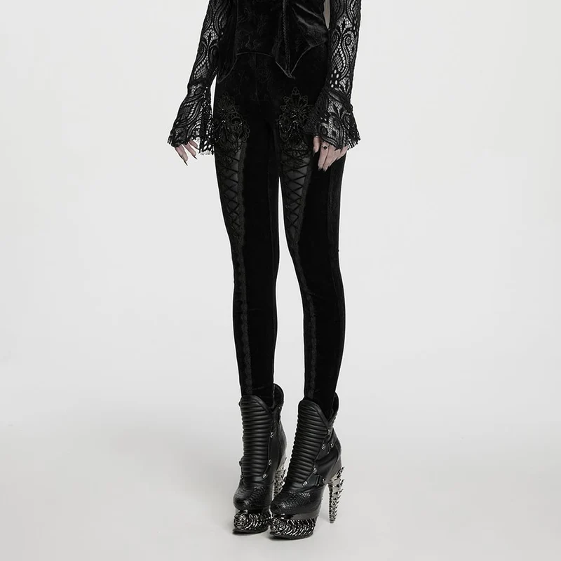 Schwarze Leggings aus schwarzem, gotischem Samt mit Blumenjacquard-Stickerei für Damen