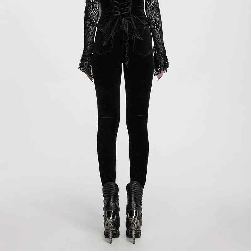 Schwarze Leggings aus schwarzem, gotischem Samt mit Blumenjacquard-Stickerei für Damen