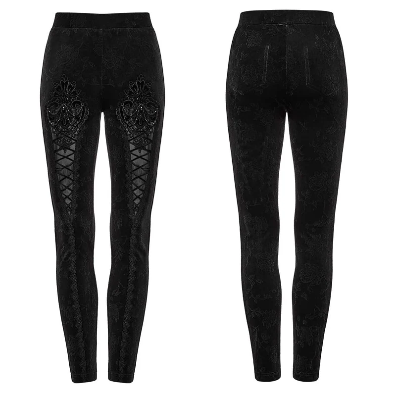 Schwarze Leggings aus schwarzem, gotischem Samt mit Blumenjacquard-Stickerei für Damen