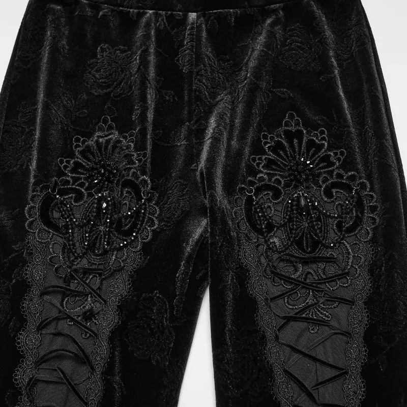 Schwarze Leggings aus schwarzem, gotischem Samt mit Blumenjacquard-Stickerei für Damen