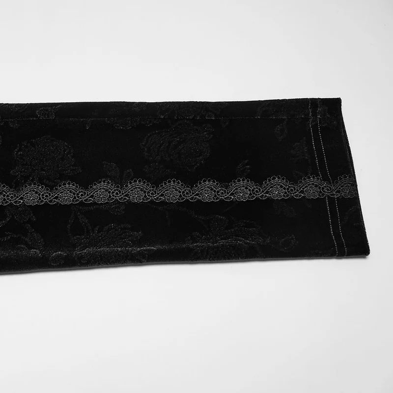 Schwarze Leggings aus schwarzem, gotischem Samt mit Blumenjacquard-Stickerei für Damen