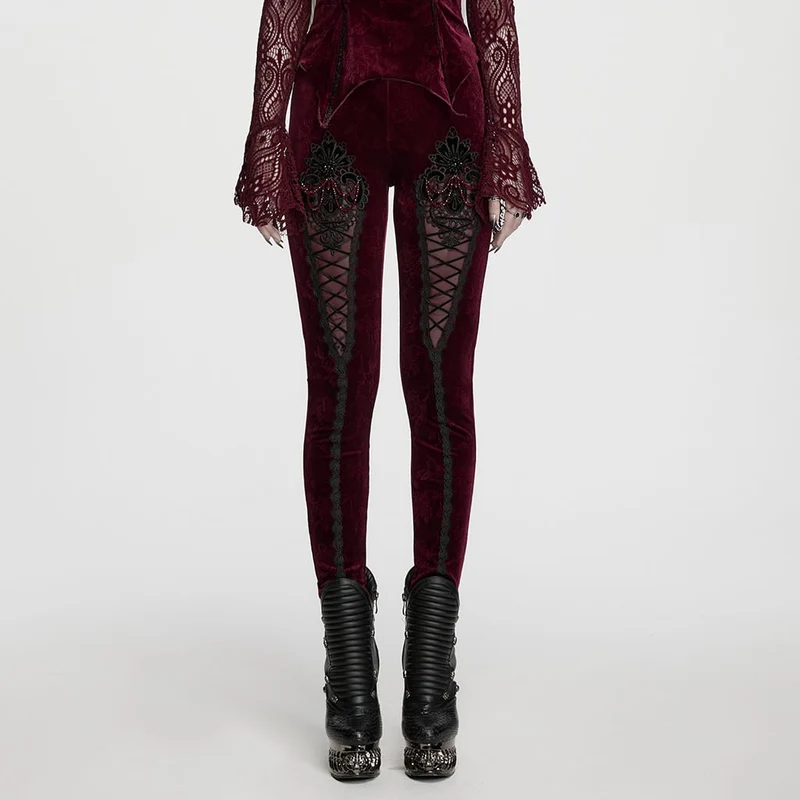 Rote Leggings aus rotem, gotischem Samt mit Blumenjacquard-Stickerei