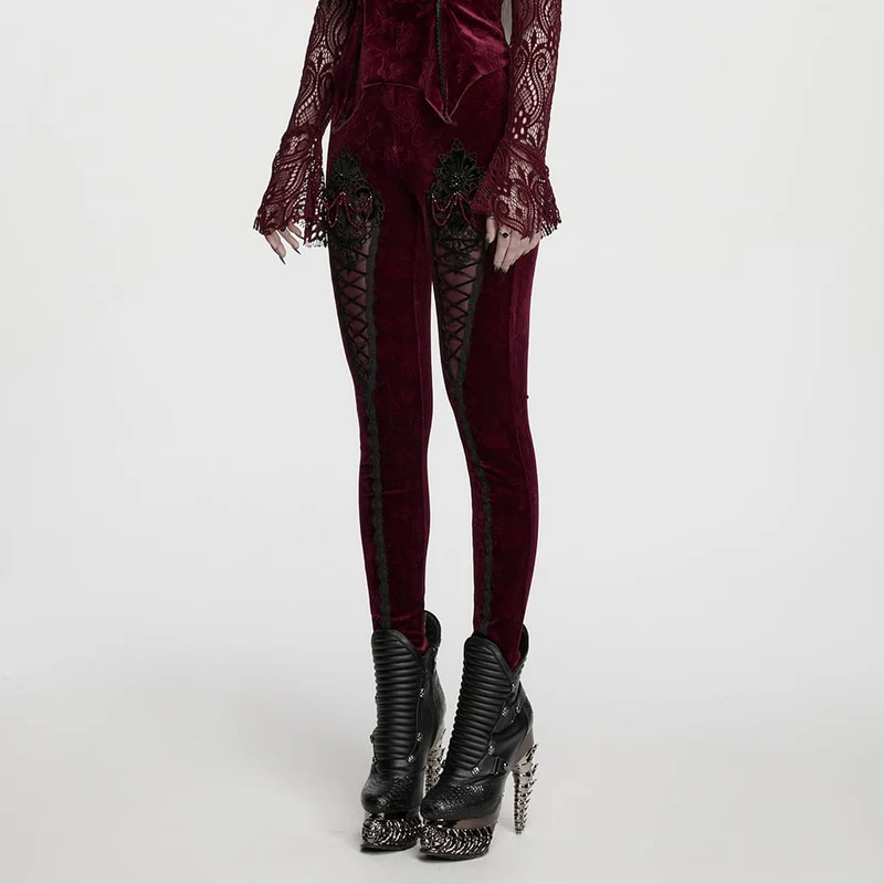 Rote Leggings aus rotem, gotischem Samt mit Blumenjacquard-Stickerei