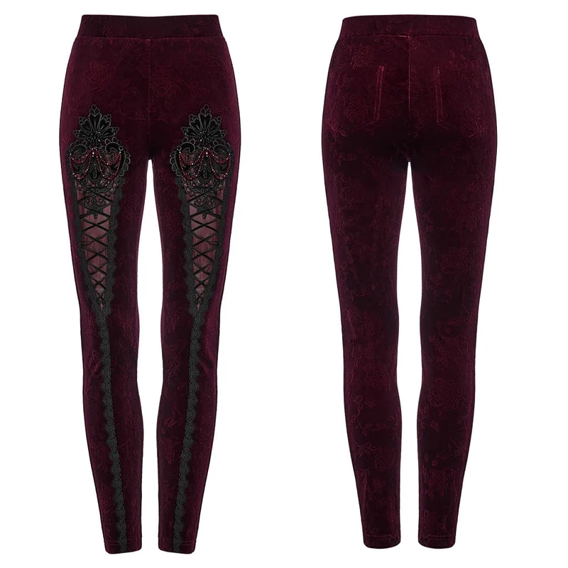 Rote Leggings aus rotem, gotischem Samt mit Blumenjacquard-Stickerei