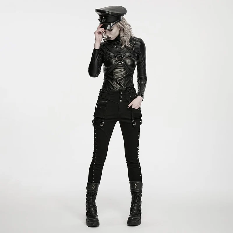 Punk-Hosen mit Nieten und Schnallen, Cargotaschen und schmaler Passform für Damen