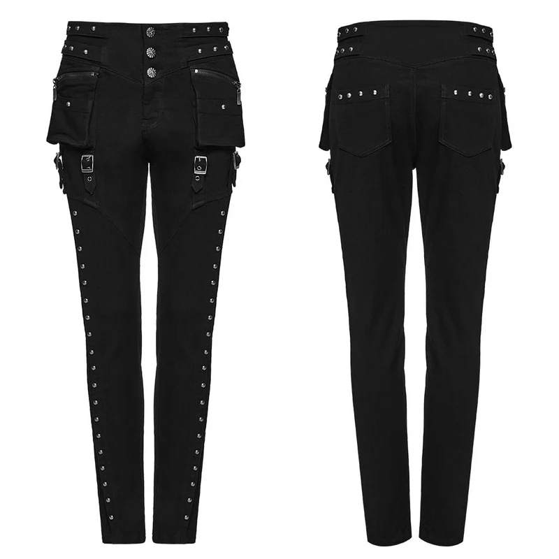 Punk-Hosen mit Nieten und Schnallen, Cargotaschen und schmaler Passform für Damen