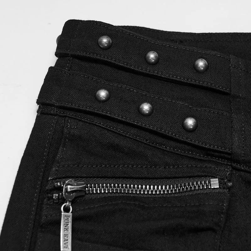 Punk-Hosen mit Nieten und Schnallen, Cargotaschen und schmaler Passform für Damen