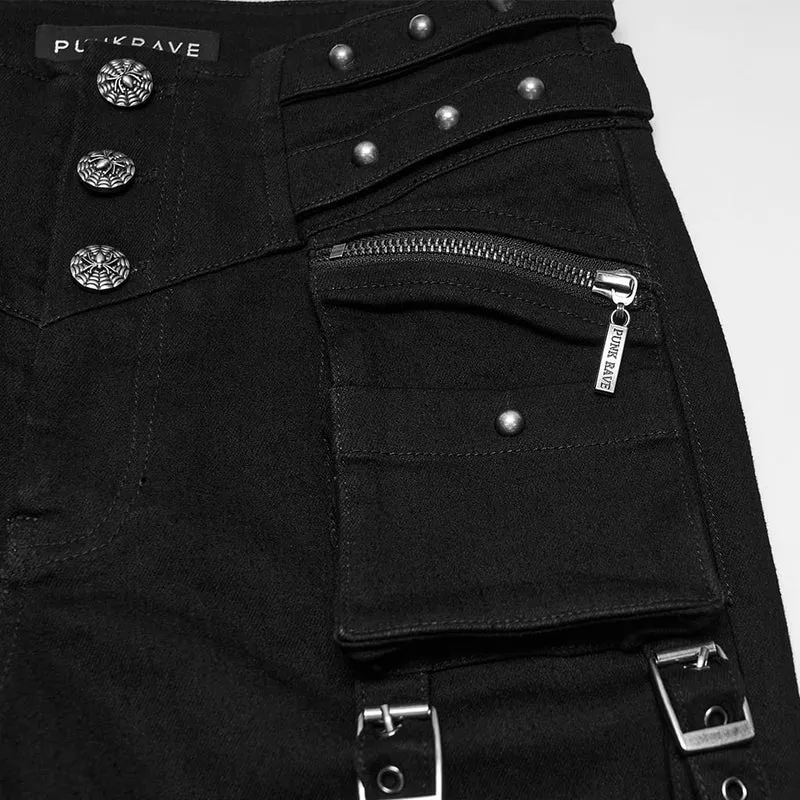 Punk-Hosen mit Nieten und Schnallen, Cargotaschen und schmaler Passform für Damen