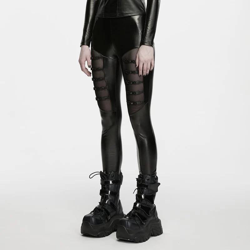 Punk-Leggings mit Mesh-Einsätzen und mehreren Schnallen für Damen