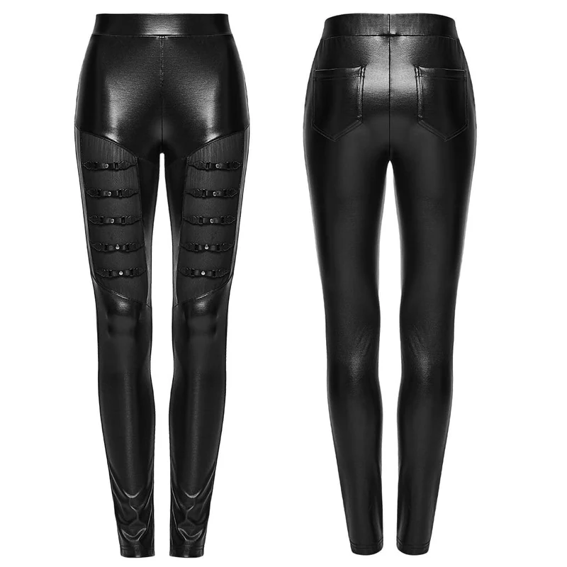 Punk-Leggings mit Mesh-Einsätzen und mehreren Schnallen für Damen