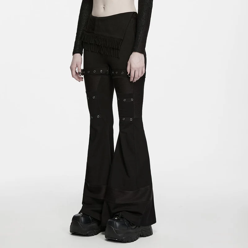 Punk-Hose für Damen mit asymmetrischem Quasten-Schnallenriemen und ausgestelltem Bein