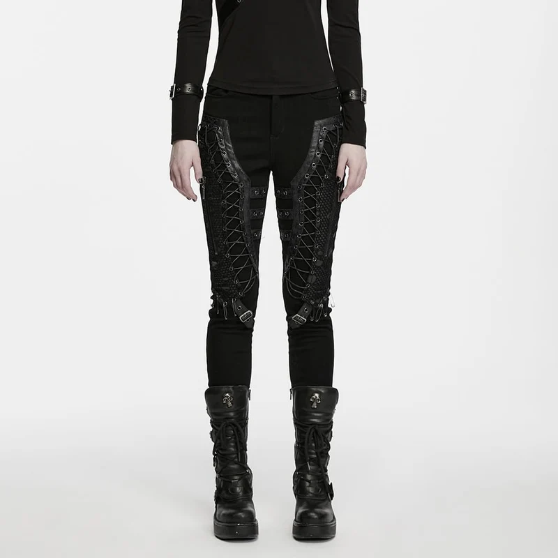 Punk-Skinny-Hose für Damen mit Ösen, Schnürung und Dornschließe