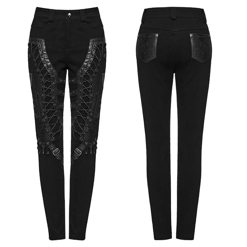 Punk-Skinny-Hose für Damen mit Ösen, Schnürung und Dornschließe