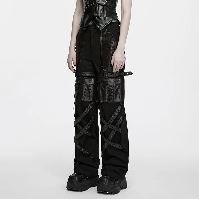 Punk-Hose für Damen mit Oberschenkelschnalle, gekreuzten Riemen, mehreren Taschen und geradem Bein