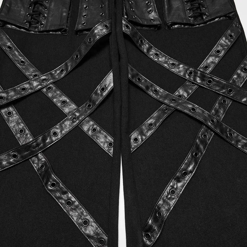 Punk-Hose für Damen mit Oberschenkelschnalle, gekreuzten Riemen, mehreren Taschen und geradem Bein