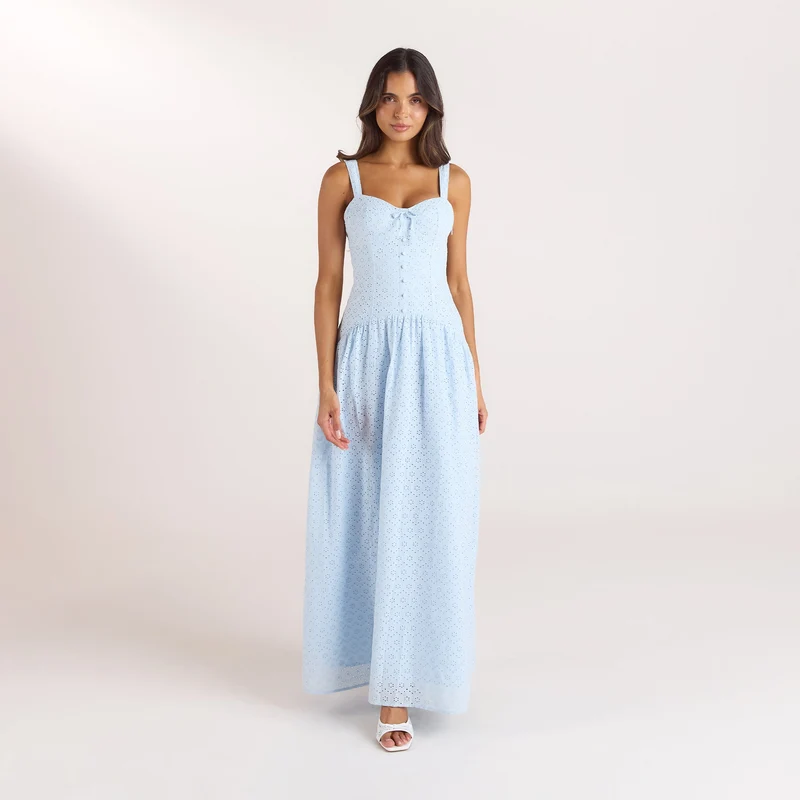 Broderie-Maxikleid - Blau