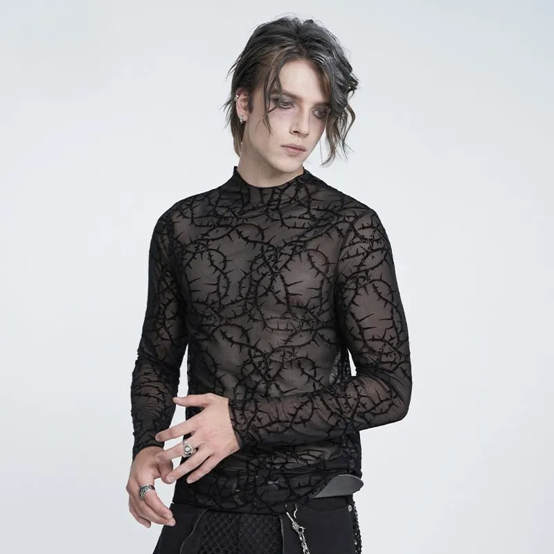 Gothic Herren-Langarmshirt mit Dornenrankenmuster, beflockt und aus transparentem Netzstoff