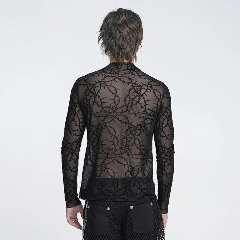 Gothic Herren-Langarmshirt mit Dornenrankenmuster, beflockt und aus transparentem Netzstoff
