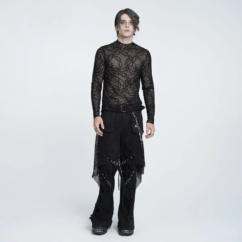 Gothic Herren-Langarmshirt mit Dornenrankenmuster, beflockt und aus transparentem Netzstoff