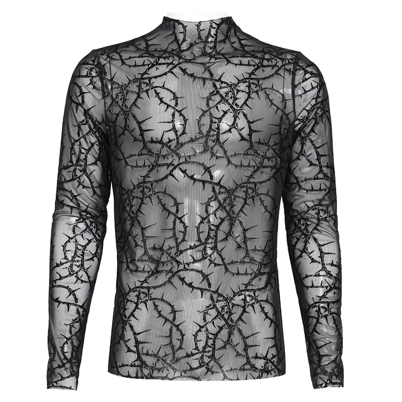 Gothic Herren-Langarmshirt mit Dornenrankenmuster, beflockt und aus transparentem Netzstoff