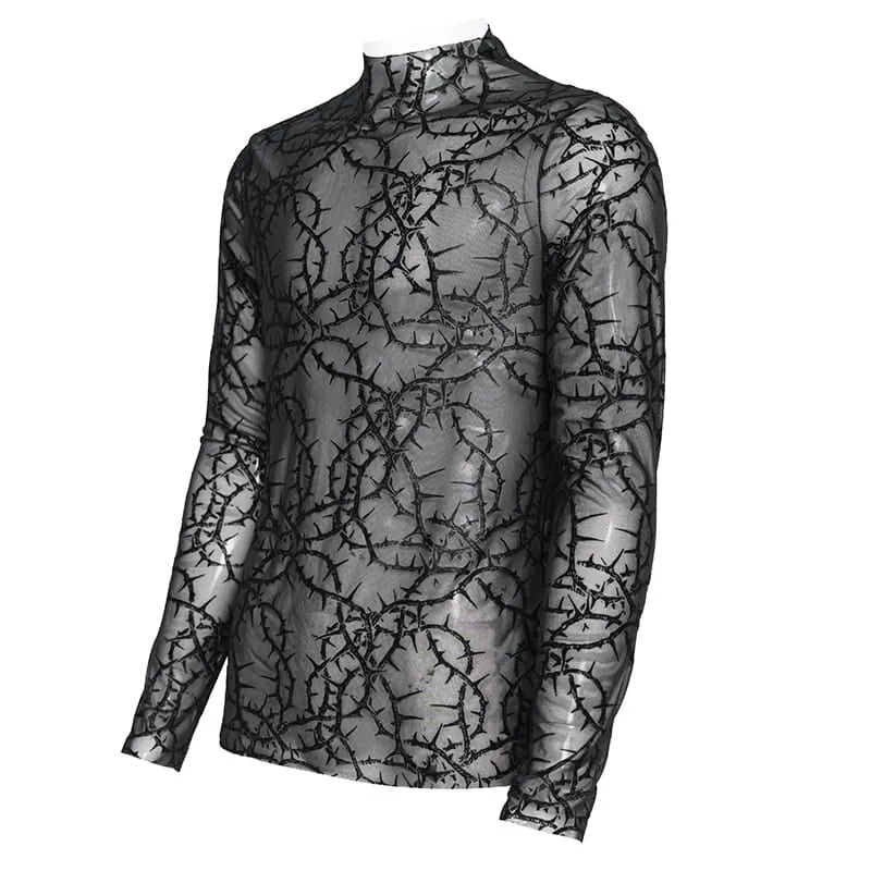 Gothic Herren-Langarmshirt mit Dornenrankenmuster, beflockt und aus transparentem Netzstoff