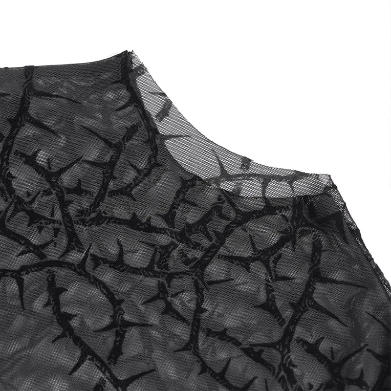 Gothic Herren-Langarmshirt mit Dornenrankenmuster, beflockt und aus transparentem Netzstoff