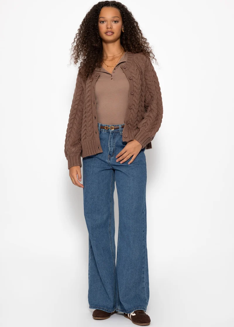 Geripptes T-Shirt mit Knopfleiste - taupe