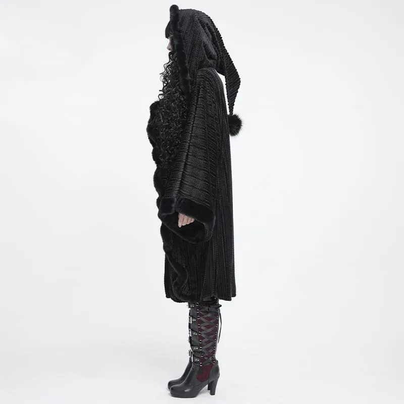 Gothic-Mantel für Damen mit Kunstpelzbesatz, Kapuze und Hexenmotiv