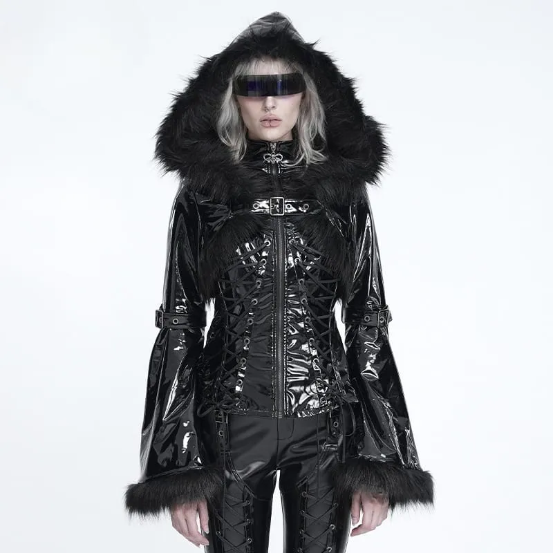 Punk-Kapuzenjacke für Damen mit Schnürung und Schnallenriemen