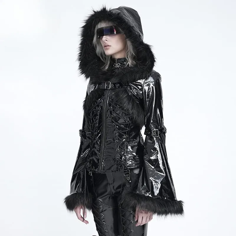 Punk-Kapuzenjacke für Damen mit Schnürung und Schnallenriemen