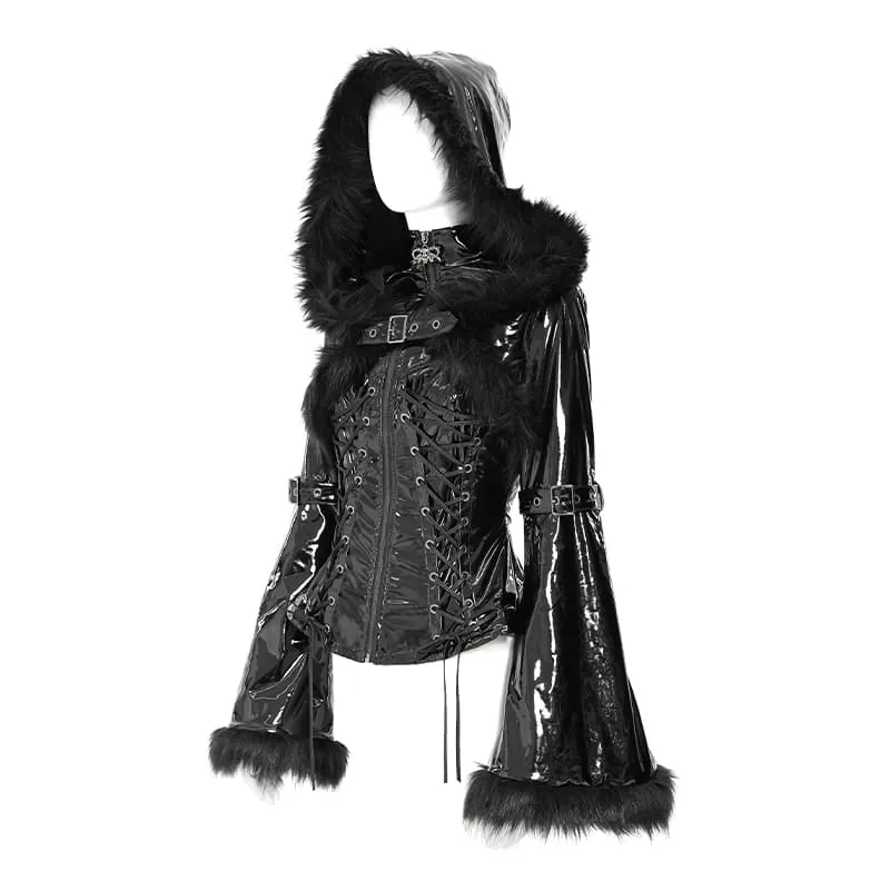 Punk-Kapuzenjacke für Damen mit Schnürung und Schnallenriemen
