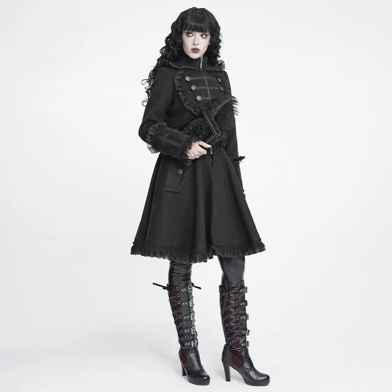 Gothic-Mantel für Damen mit Kapuze, Spitzenrüschenbesatz, ausgestelltem Saum und Kapuze