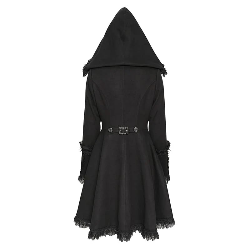 Gothic-Mantel für Damen mit Kapuze, Spitzenrüschenbesatz, ausgestelltem Saum und Kapuze