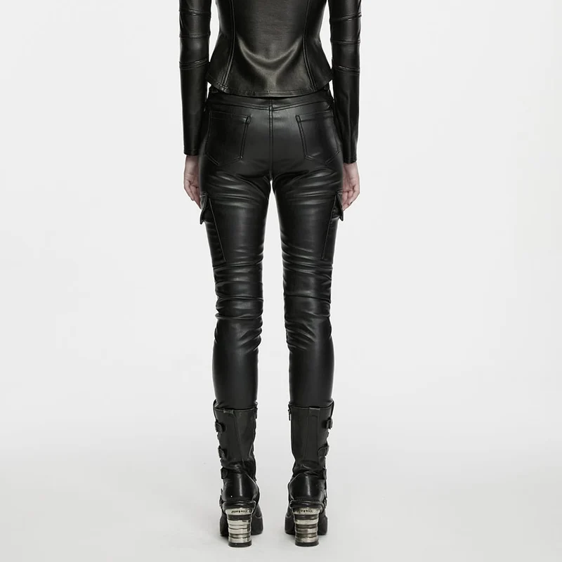 Cyberpunk-Skinny-Hose für Damen mit mehreren Taschen, gerafften Knien und Kunstleder-Details