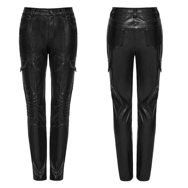 Cyberpunk-Skinny-Hose für Damen mit mehreren Taschen, gerafften Knien und Kunstleder-Details
