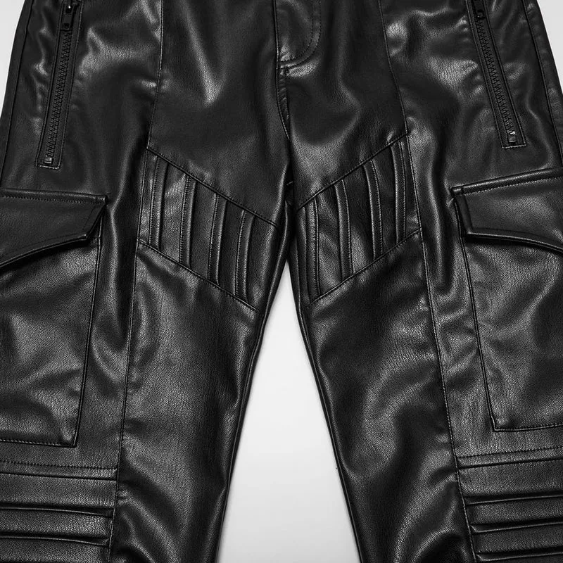 Cyberpunk-Skinny-Hose für Damen mit mehreren Taschen, gerafften Knien und Kunstleder-Details