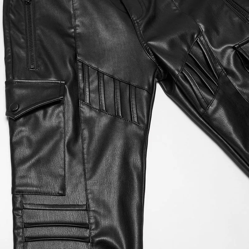 Cyberpunk-Skinny-Hose für Damen mit mehreren Taschen, gerafften Knien und Kunstleder-Details