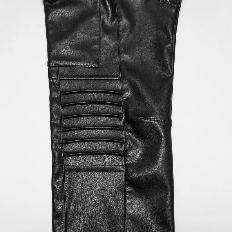 Cyberpunk-Skinny-Hose für Damen mit mehreren Taschen, gerafften Knien und Kunstleder-Details