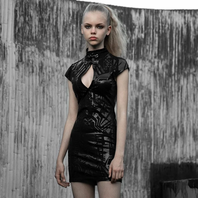 Cheongsam-Kleid aus Kunstleder mit Punk-Ausschnitt und Spleißen für Damen