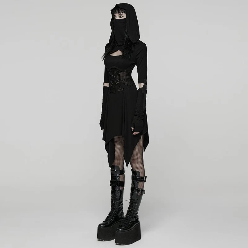 Damen Punk Cutout Kleid mit Schnallenriemen und Kapuze